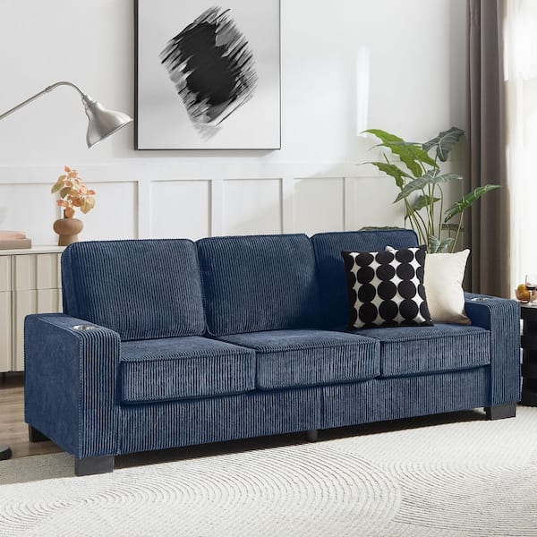 Dillon 83.86 in. Square Arm Fabric Rectangle Sofa in Blue, Cup Holders