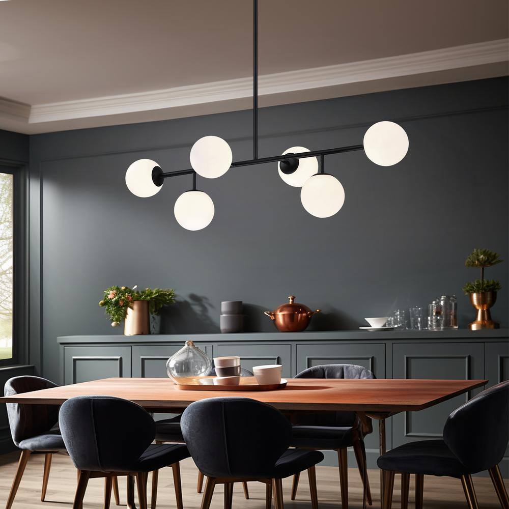 Matte Black Linear Sputnik Chandelier with Frosted Glass Globes