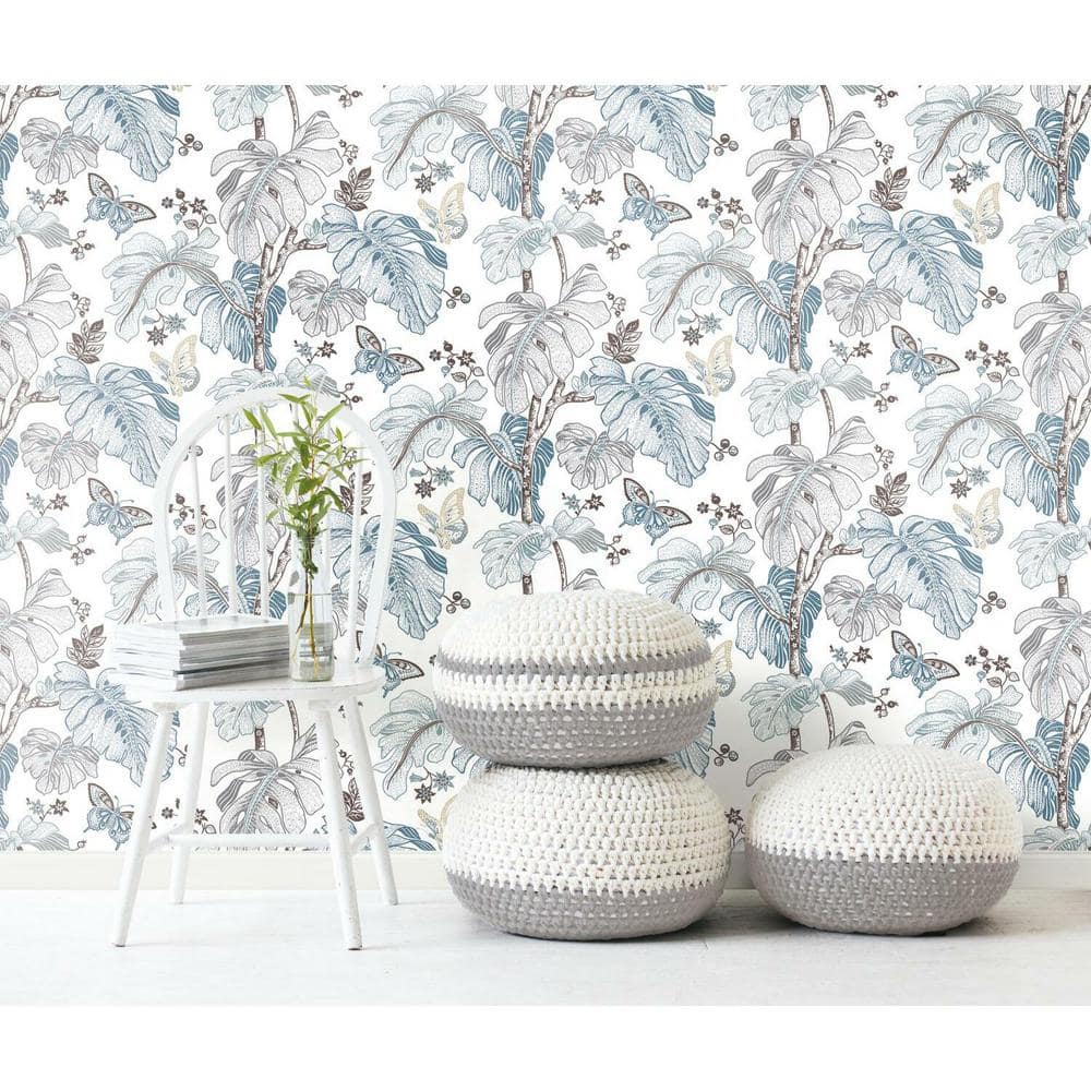 Blue and Gray Tropical Palm Peel and Stick Wallpaper Roll