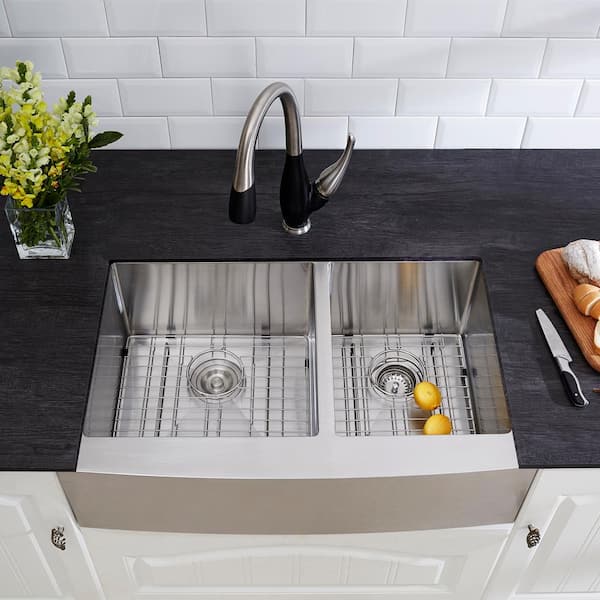 Professional 33 in. Apron-Front 60/40 Double Bowl 16 Gauge Stainless Steel Kitchen Sink with Accessories