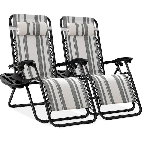 ITOPFOX Gray Stripes Adjustable Steel Mesh Zero Gravity Lounge Chair Recliners with Pillows and Cup Holder Trays, Set Of 2