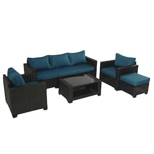 Dark Coffee 7-Piece Rattan Wicker Patio Outdoor Sectional Set with Coffee Table and Peacock Blue Cushions