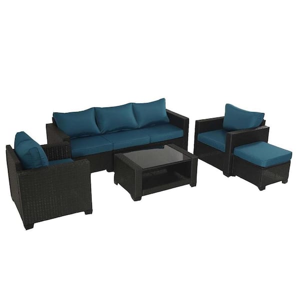 Runesay Dark Coffee 7-Piece Rattan Wicker Patio Outdoor Sectional Set with Coffee Table and Peacock Blue Cushions