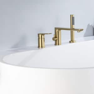 Single-Handle Roman Tub Faucet with Hand Shower 3-Hole Bathtub Faucet in Brushed Gold