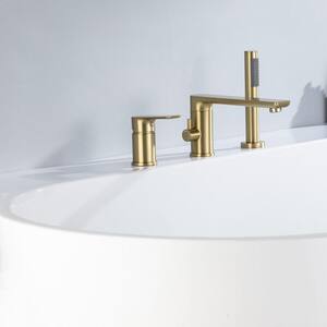 Single-Handle Roman Tub Faucet with Hand Shower 3-Hole Bathtub Faucet in Brushed Gold