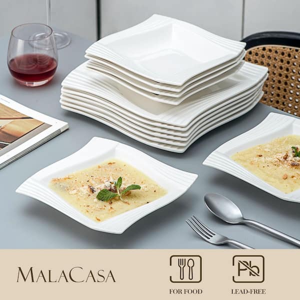 MALACASA Flora 12-Piece White Porcelain Square Dinner Plates Soup Bowls Dinnerware  Set (Service for 6) FLORA-12 - The Home Depot