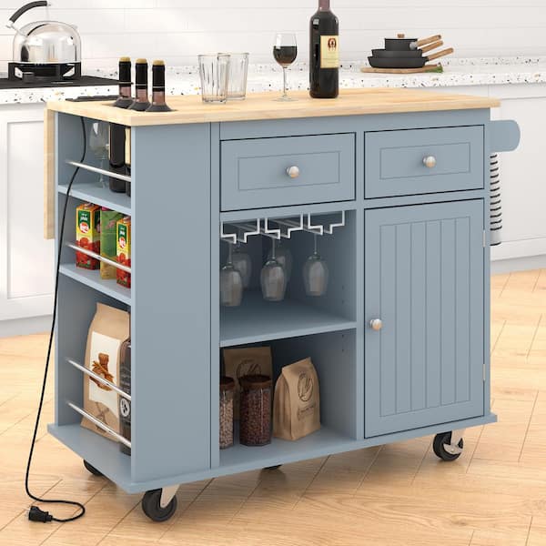 FAMYYT Rolling Blue Drop Leaf Rubber Wood Tabletop 40 in. Kitchen Island with Power Outlet, Wine Rack and Adjustable Shelves