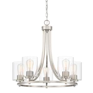 Liam 5-Light Contemporary Satin Platinum Chandelier with Clear Glass Shades For Dining Rooms