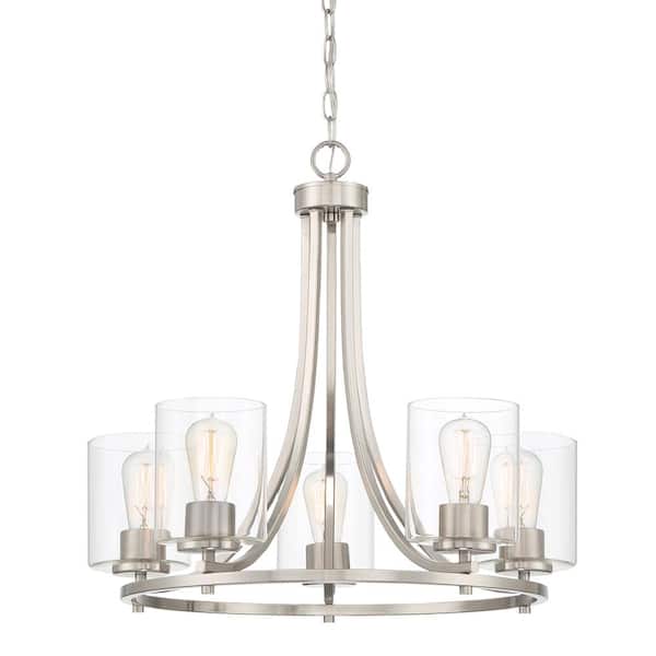 Designers Fountain Liam 5-Light Contemporary Satin Platinum Chandelier with Clear Glass Shades For Dining Rooms