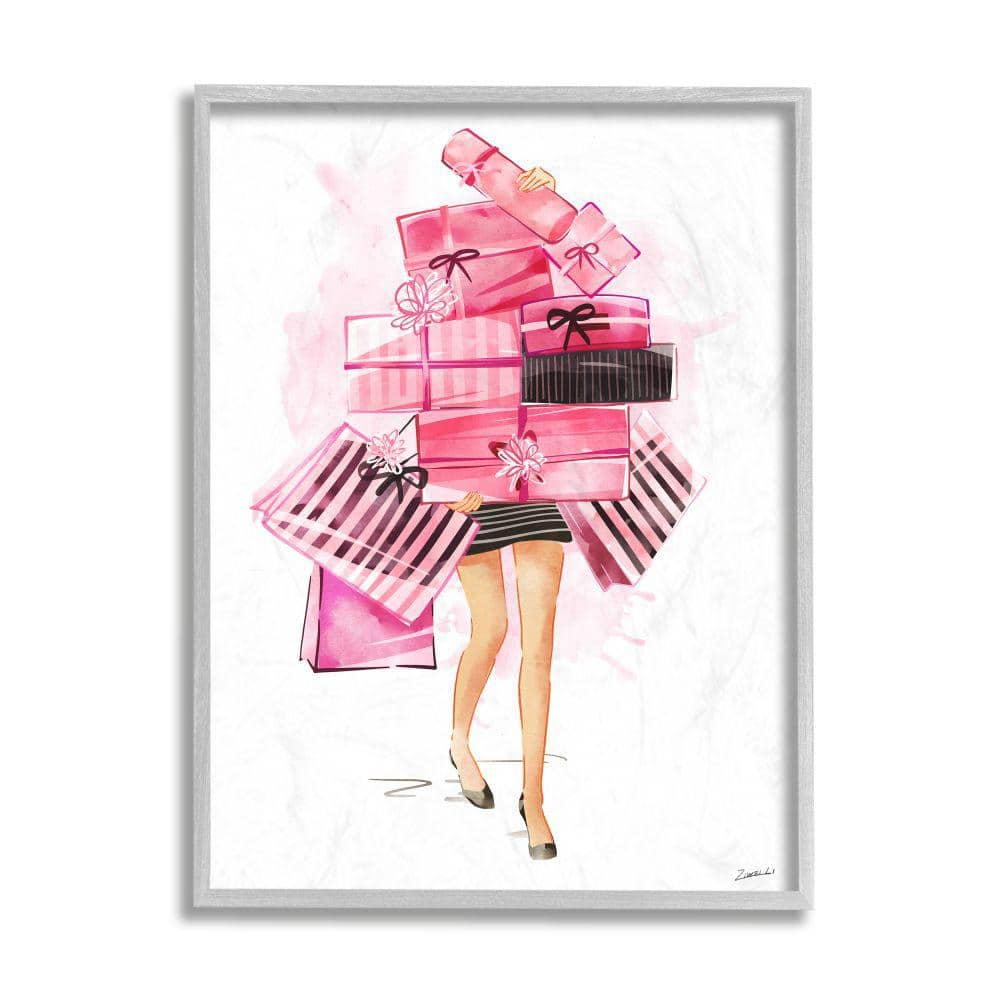 The Stupell Home Decor Collection Glam Fashion Book Stack Grey Bow Pump Heels Ink Oversized Framed Giclee Texturized Art