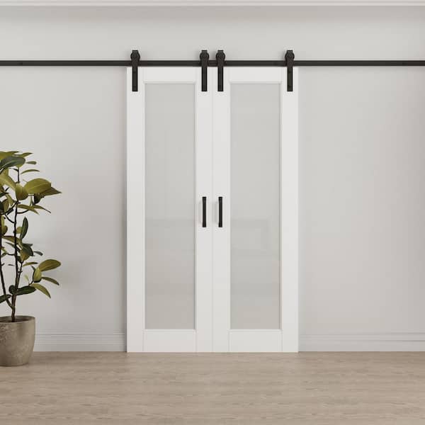 48 in. x 80 in. 1-Lite Tempered Frosted Glass White Primed MDF Composite Sliding Barn Door with Hardware Kit