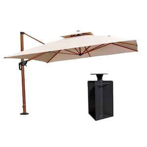 11 ft. Square High-Quality Wood Pattern Aluminum Cantilever Polyester Patio Umbrella with Base in Ground, Beige