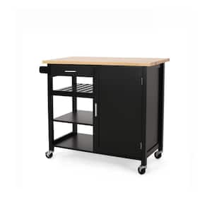 Black Rubber Wood 41.75 in. Kitchen Island with Drawer and Locking Casters