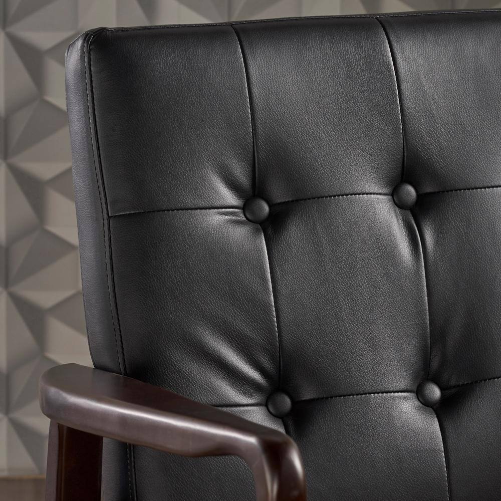 Black Faux Leather and Birch Wood Mid Century Modern Accent Chair