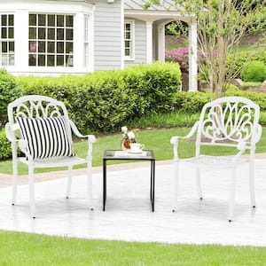 Cast Aluminum Outdoor Dining Chairs Armrests in White Set of 2