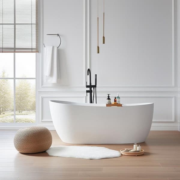 Moray 55 in. x 27 in. Solid Surface Stone Resin Flat bottom Freestanding Bathtub Soaking Bathtub in Matte White