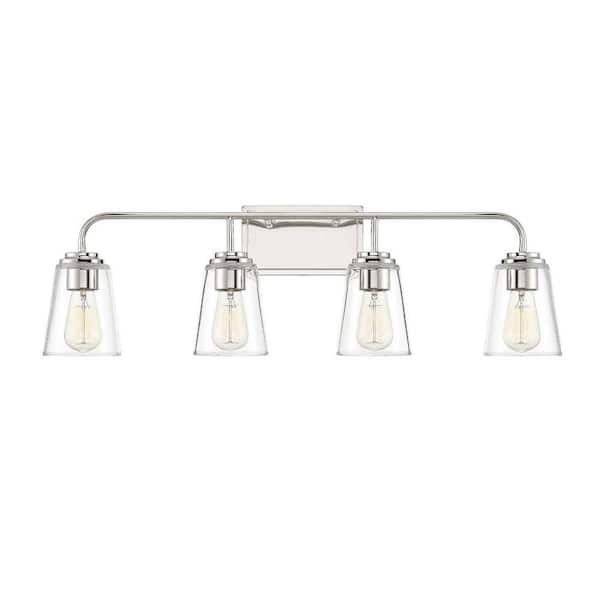 32 in. W x 9.75 in. H 4-Light Polished Nickel Bathroom Vanity Light with Clear Glass Shades