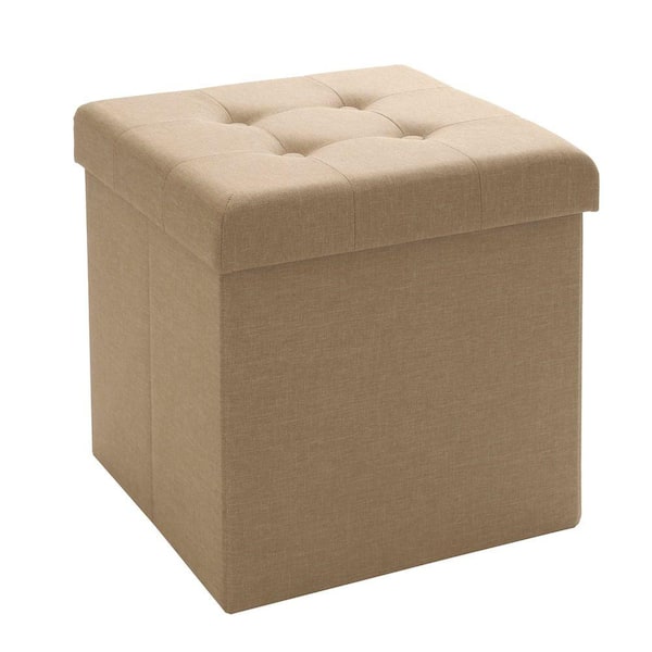 Seville Classics Oatmeal Beige Foldable Fabric Storage Ottoman with Quilted Top