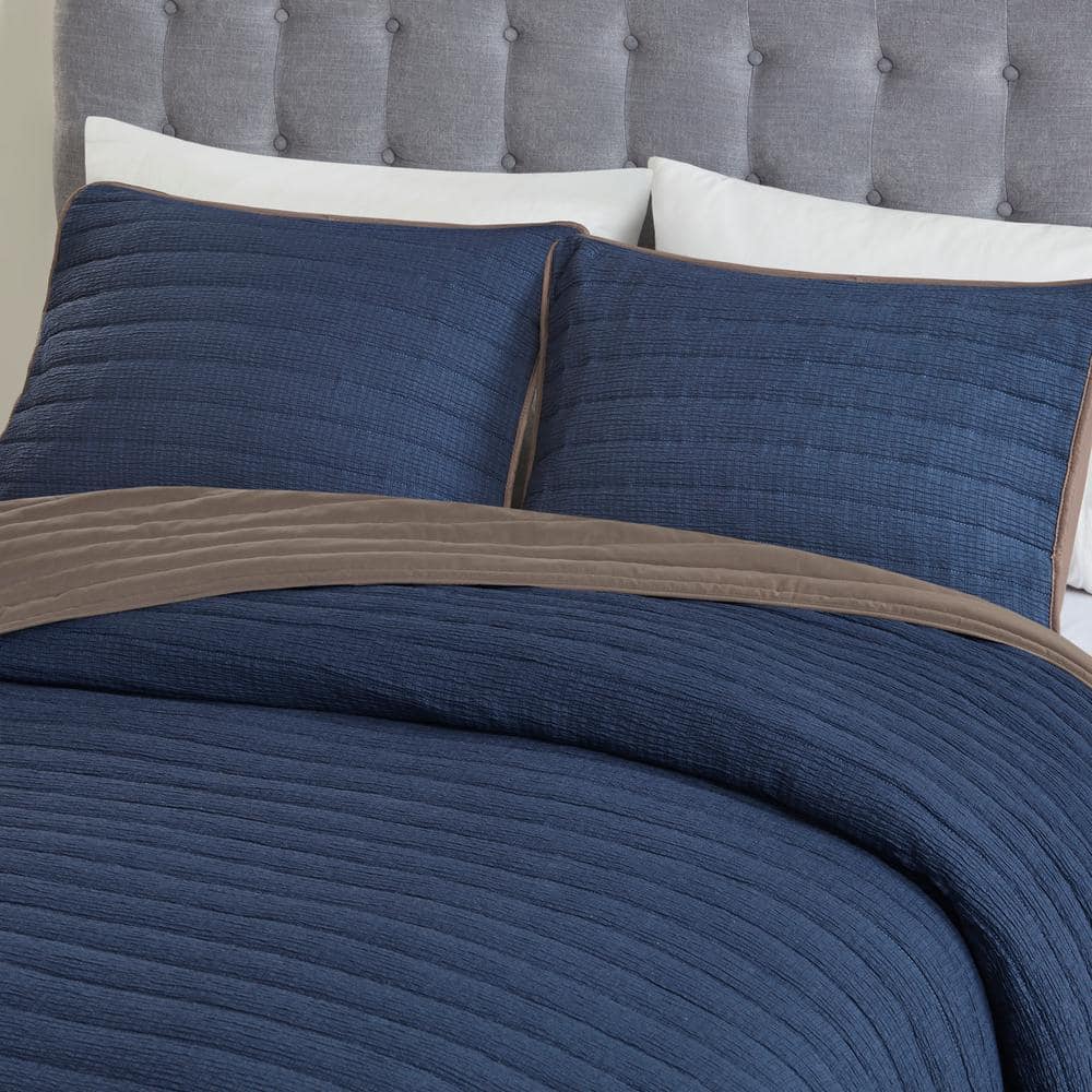Navy and Brown King Microfiber Reversible Quilt Set