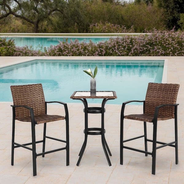 Unbranded 3-Piece Wicker Bar Height Outdoor Bistro Set Patio Bar Set Rattan Outdoor Bar Stools with Glass Top Table