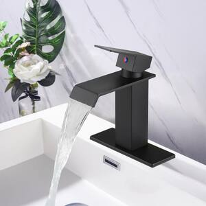 Single Handle Single Hole Waterfall Lavatory Spot Resistant Bathroom Sink Faucet in Matte Black
