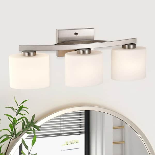 22 in. 3-Light Brushed Nickel Modern Unique Bathroom Vanity Light with Oval-shaped Etched White Glass Shades