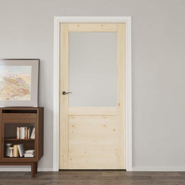 36 in. x 80 in. 1/2-Lite Frosted Glass Right-Hand Unfinished Pine Wood Single Prehung Interior Door +Quick Assemble Jamb