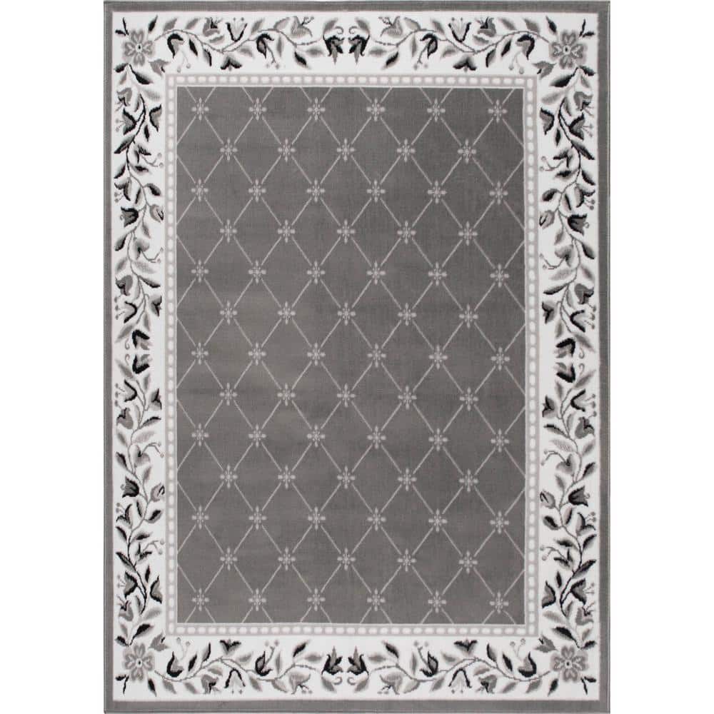 Grey and Ivory Rectangular Traditional Floral Area Rug