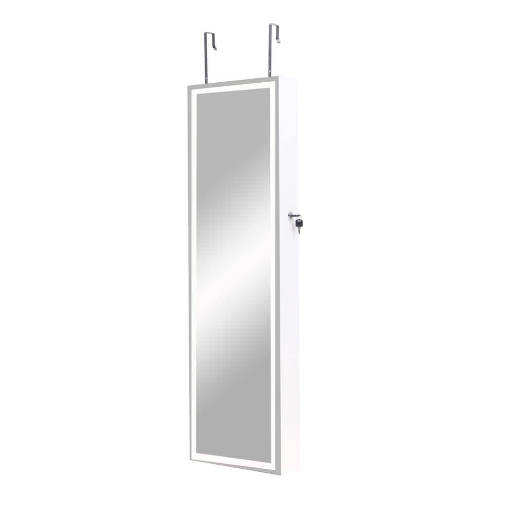 White Rectangular Lockable Wood Jewelry Cabinet with Mirror, LED Lights