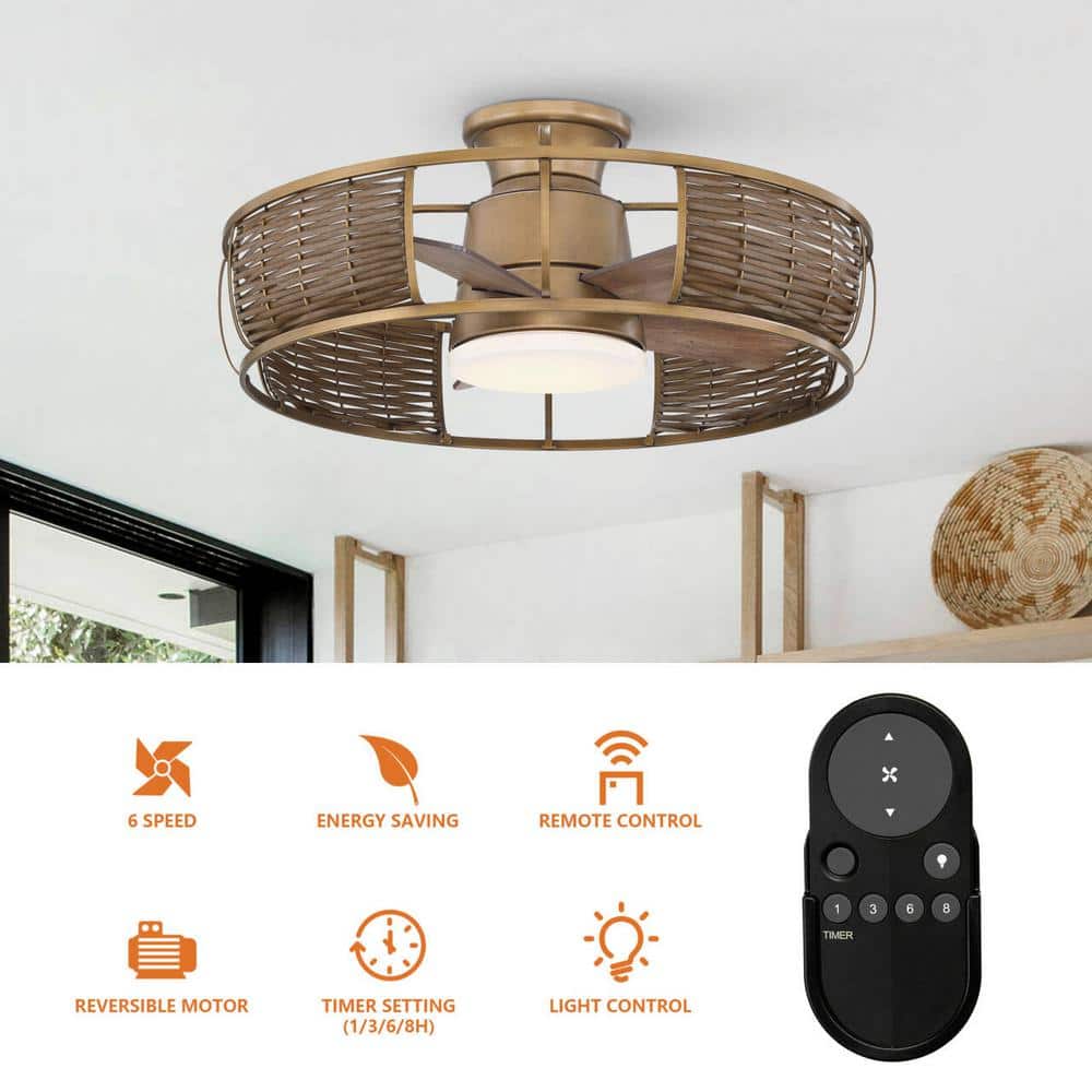 Natural Brass Rattan Flush Mount Ceiling Fan with LED Light and Remote