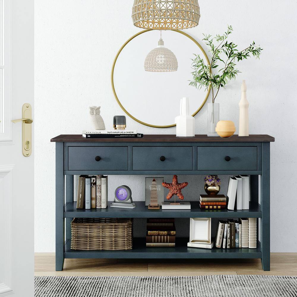 50" Navy Pine Wood Console Table with Storage Drawers and Shelves