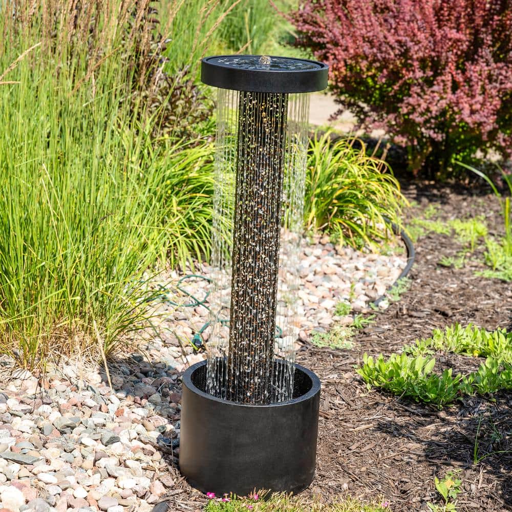 Tall Black Zinc Outdoor Water Fountain with Warm White LED Lights