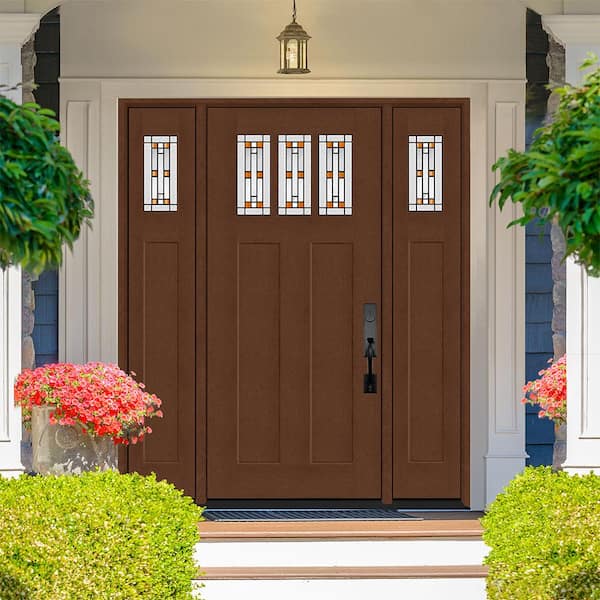 Regency 68 in. x 80 in. 3Lite Amberton Deco Glass LHIS Chestnut Stain Fir Fiberglass Prehung Front Door w/Dbl 14in.SL