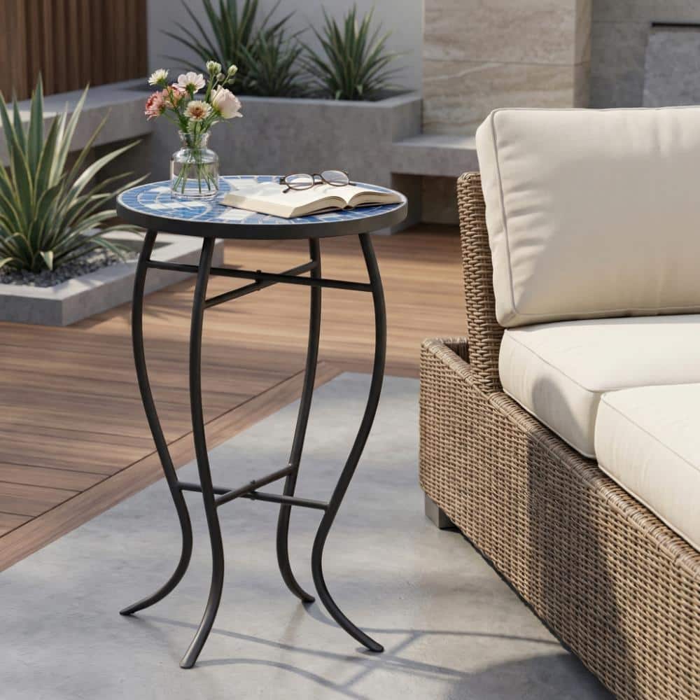 13.75 in. Blue and White Ceramic Tile Round Outdoor Side Table with Matte Black Iron Frame price history on PriceWatchPro