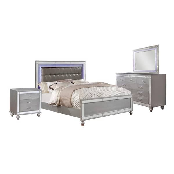 divana  新品　Queen of The Night かずみん様お取り置き Benjara Ishin 4-Piece Silver King Wood Bedroom Set BM332667