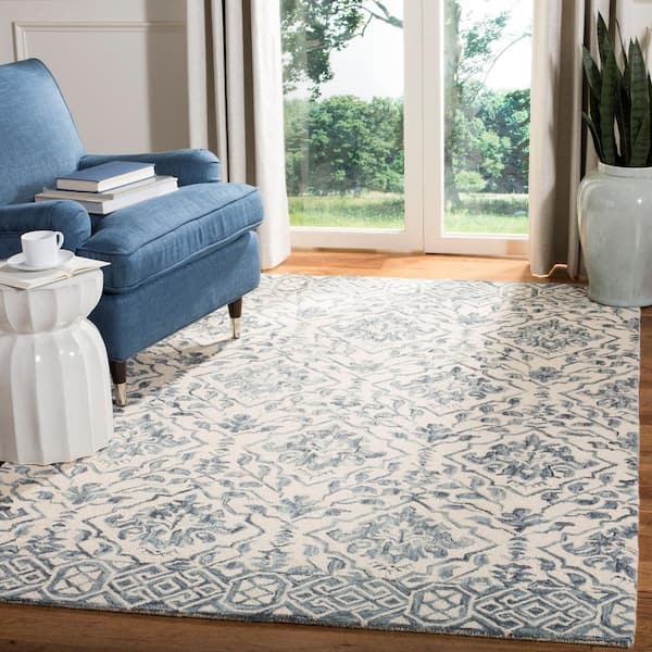 Dip Dye Blue/Ivory 9 ft. x 9 ft. Border Floral Medallion Square Area Rug