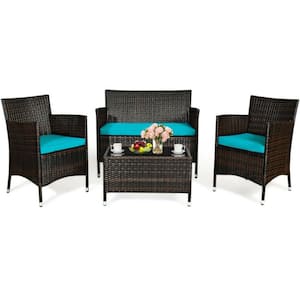 4-Piece Outdoor Wicker Conversation Furniture Set with Turquoise Cushions and Tempered Glass Table