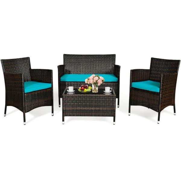 Alpulon 4-Piece Outdoor Wicker Conversation Furniture Set with Turquoise Cushions and Tempered Glass Table