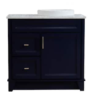 37 in.W Single Vanity in Blue with Marble Vanity Top in White with Right White Round Basin and Door on Right Side