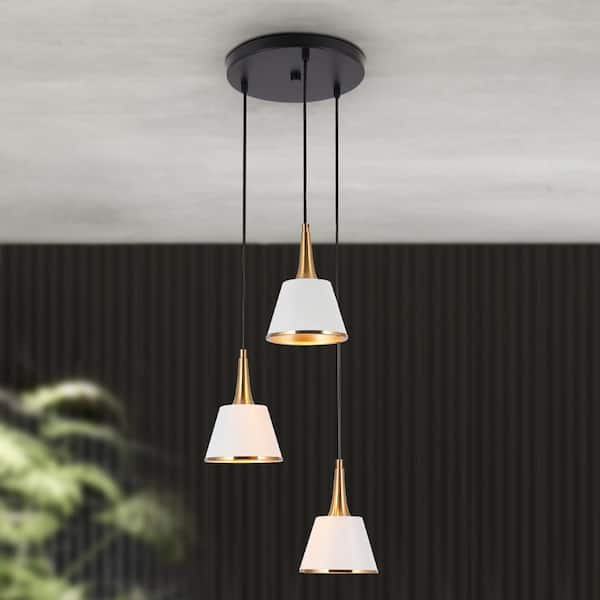 LNC Crisanta Modern Minimalist 3-Light Brass Gold Chandelier Metal Taper Drum Ceiling Light with Matte White Shades