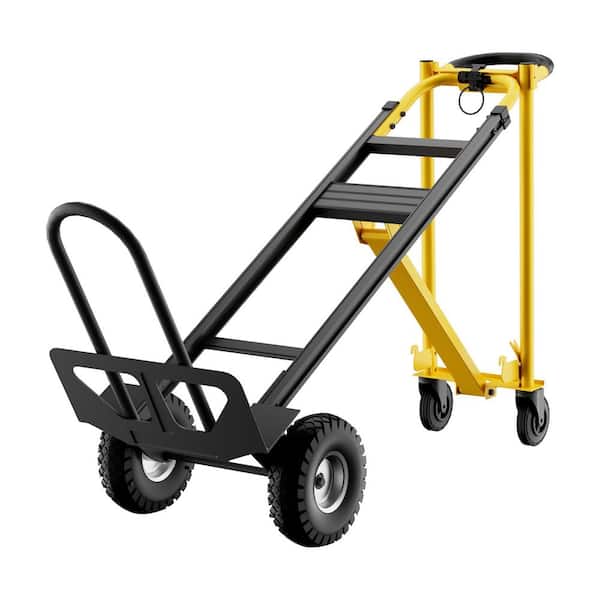 3 in 1 800 lb. Yellow and Black Folding D-Handle Heavy Duty Convertible Hand Truck with Wheels, Elastic Straps