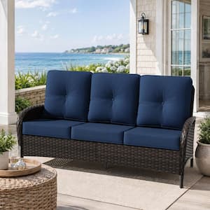 3-Seat Deep Brown Wicker Outdoor Couch Patio Sofa with Blue Cushions