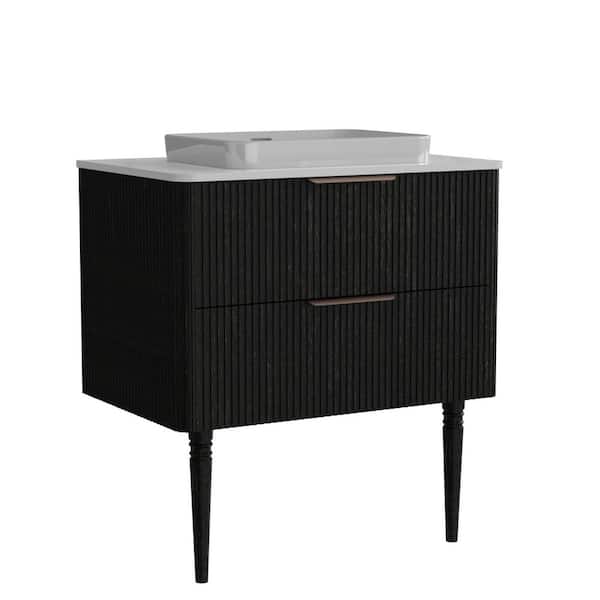 30 in. W Single Sink Freestanding Wall Mounted Black Bath Vanity with White Ceramic Top and 2 Drawers