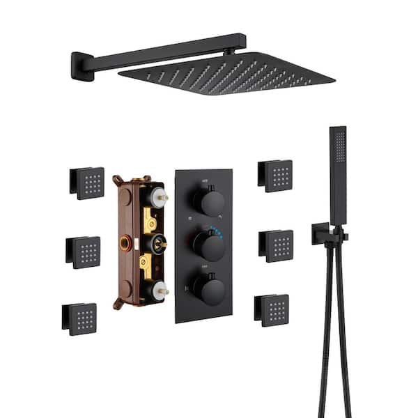 Unbranded Luxury 3-Spray Patterns Thermostatic 12 in. Wall Mount Rainfall Dual Shower Heads with 6-Jet in Matte Black