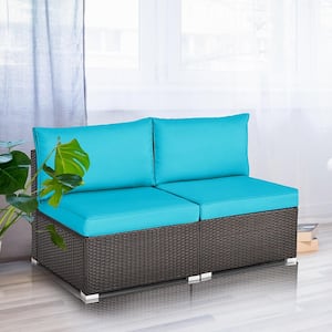 2-Piece Wicker Outdoor Sectional Rattan Armless Sofa Chair with Turquoise Cushions