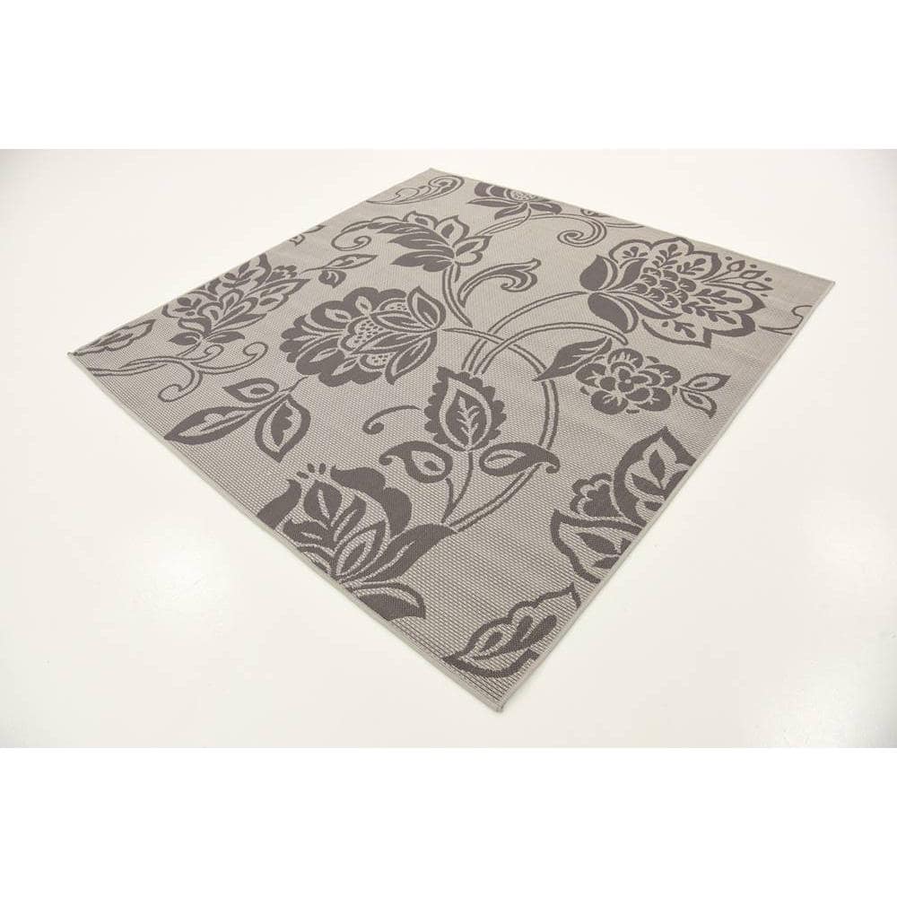Floral Gray Synthetic 6' Square Outdoor Rug - Stain-Resistant & Easy Care