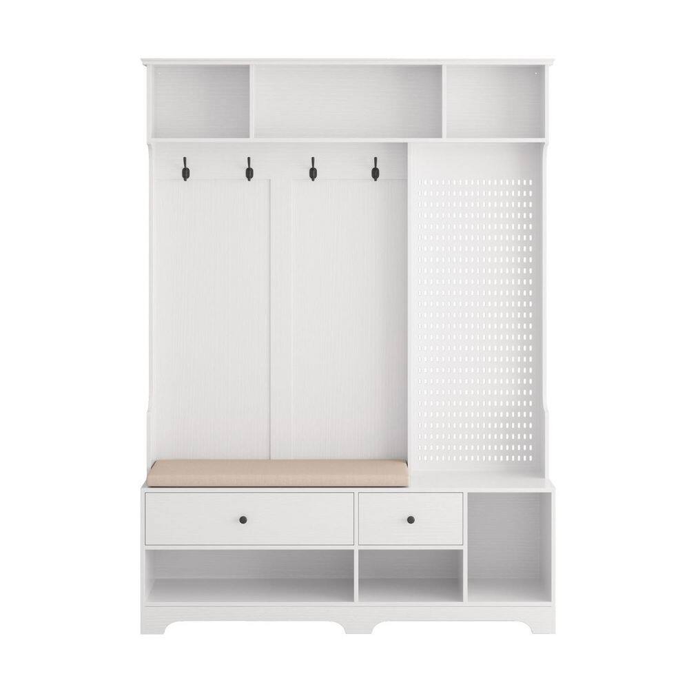 Multi-purpose Hallway Hall Tree with Removable Linen Cushioned Entryway Bench, Coat Rack and DIY Pegboard, White