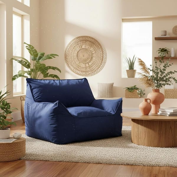 Blap Navy Blue Large Velvet Bean Bag Chair with Armrests and Removable Machine-Washable Cover
