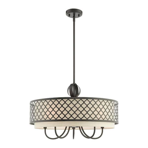 Amalfi 50-Watt 5 Light Bronze Shaded Pendant Light with Oatmeal Fabric Shade no bulbs included