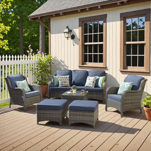 OVIOS Joyoung Gray 6-Piece Wicker Outdoor Patio Conversation Seating Set with Denim Blue Cushions